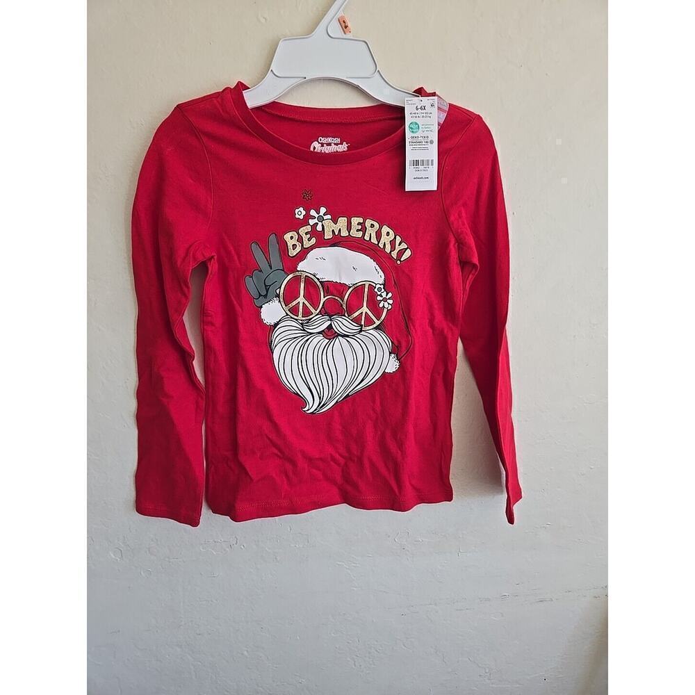 Osh Kosh Boys Size 6 - 6X Red Santa "Be Merry" Long Sleeve Tee NWT
